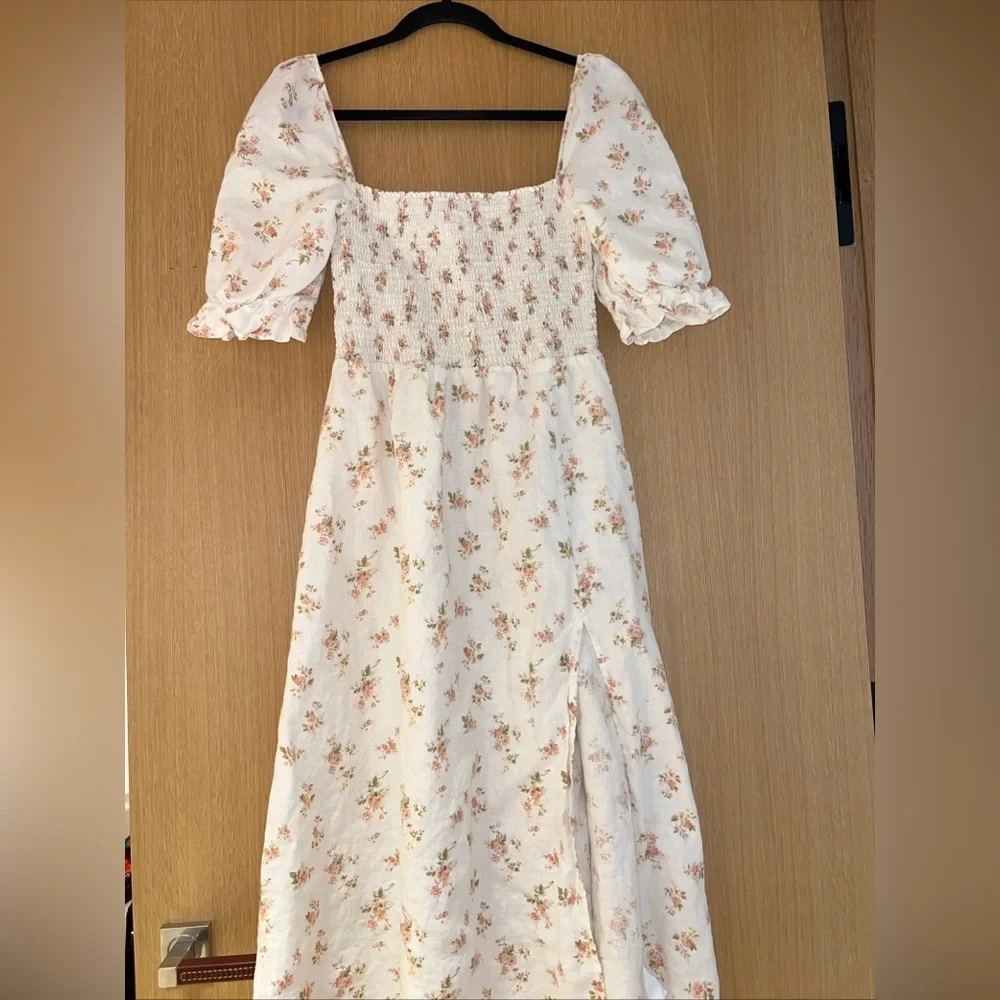 Reformation Marabella Linen Smocked Front Slit Midi Dress Mildred Cream Large - Picture 2 of 10